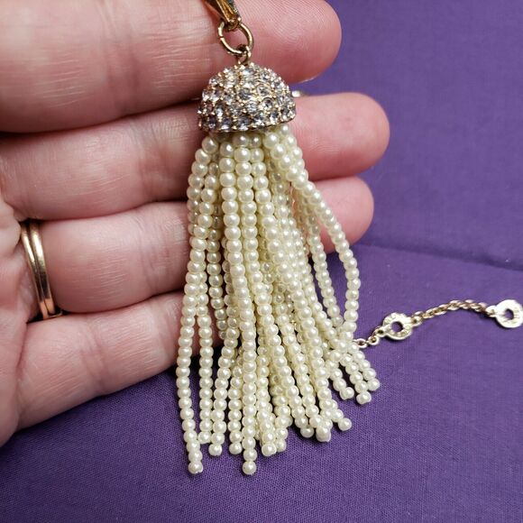 Baublebar Signed Long Gold Tone, Faux Pearl & Rhinestone Accent Tassel Necklace - Picture 9 of 12
